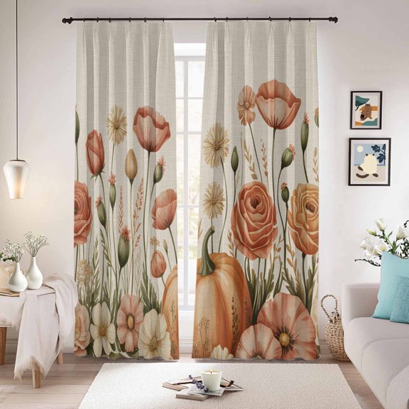 Pink Orange Pumpkin Fall Blackout Curtains for Bedroom/Living Room, Pinch Pleated Black Out Curtains, Flower Thanksgiving Botanical Rustic Room Darkening Window Drapes with Hooks 2 Panels, 39"x70"