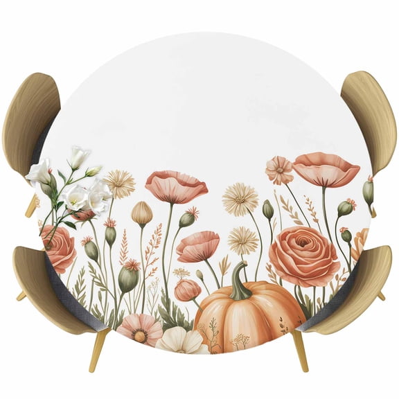 Pink Orange Pumpkin Fall Round Tablecloth, Fitted Table Cover with Elastic for 36"-44" Round Tables, Flower Thanksgiving Botanical Table Cloth Outdoor Indoor Dinning Party Waterproof Tablecloths