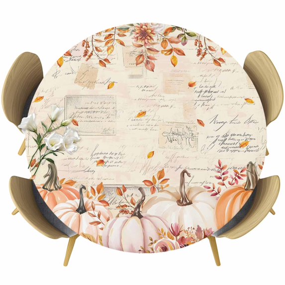 Pink Orange Pumpkins Fall Round Tablecloth, Fitted Table Cover with Elastic for 55"-60" Round Tables, Thanksgiving Leaves Floral Autumn Table Cloth Outdoor Indoor Dinning Party Waterproof Tablecloths