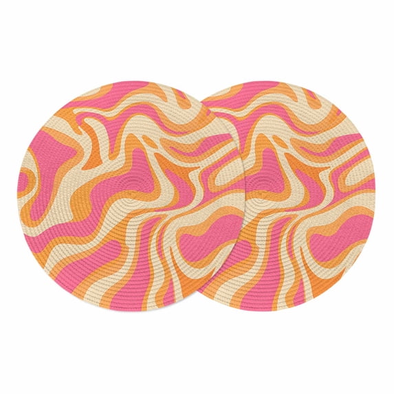 Pink Orange Round 15 Inch Placemats Set of 2, Art Abstract Modern Geometric HeatResistant Non Slip Place Mats for Dining Table, Wipeable Braided Kitchen Table Mats for Housewarming