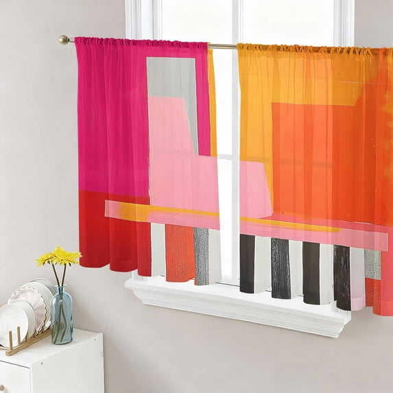 Pink Orange Semi Sheer Window Curtains 54 Inches Long, Geometric Modern Abstract Oil Painting Rod Pocket Voile Silky Chiffon Curtain Light Filtering Drapes for Living Room, Kitchen, 52"x54", 2 Panels