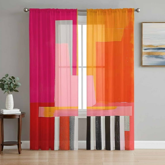 Pink Orange Sheer Curtains 84 Inch Length 2 Panels Set, Geometric Modern Abstract Oil Painting Voile Window Treatment Rod Pocket Curtains Sheers Drapes for Bedroom/Living Room/Kitchen 52"x84"x2