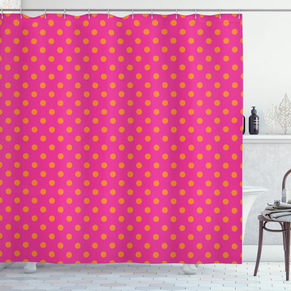 Pink and Orange Shower Curtain, Warm Colored Polka Dots Pattern Traditional Design Abstract Shapes, Fabric Bathroom Set with Hooks, 69W X 70L Inches, Pink and Orange, by Ambesonne