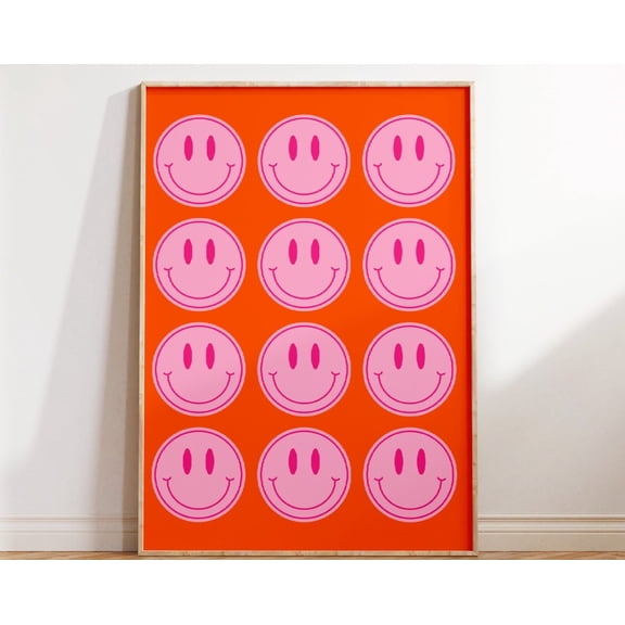 Pink Orange Smiley Face Poster, Preppy Orange Fun Wall Art, Preppy Pink College Decor, Indie Room Decor, Y2K Room Decor For Teens Wall Art, Modern Wall Decor, 8x12 UNFRAMED