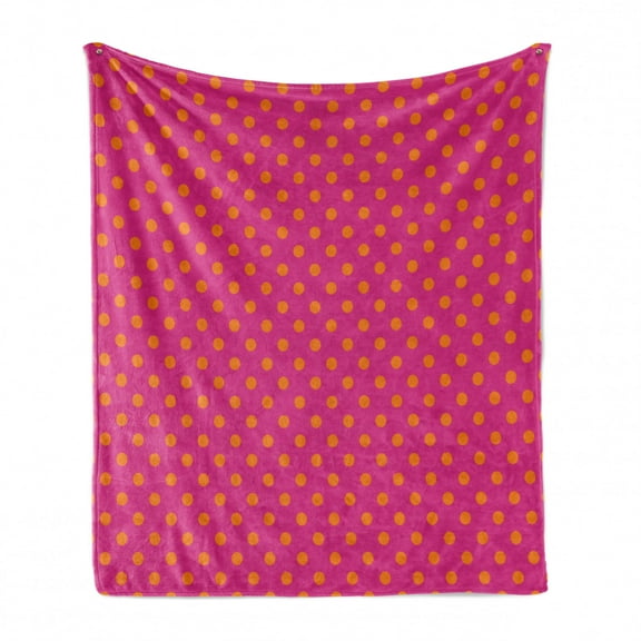 Pink and Orange Soft Flannel Fleece Throw Blanket, Warm Colored Polka Dots Pattern Traditional Design Abstract Shapes, Cozy Plush for Indoor and Outdoor Use, 70" x 90", Pink and Orange, by Ambesonne