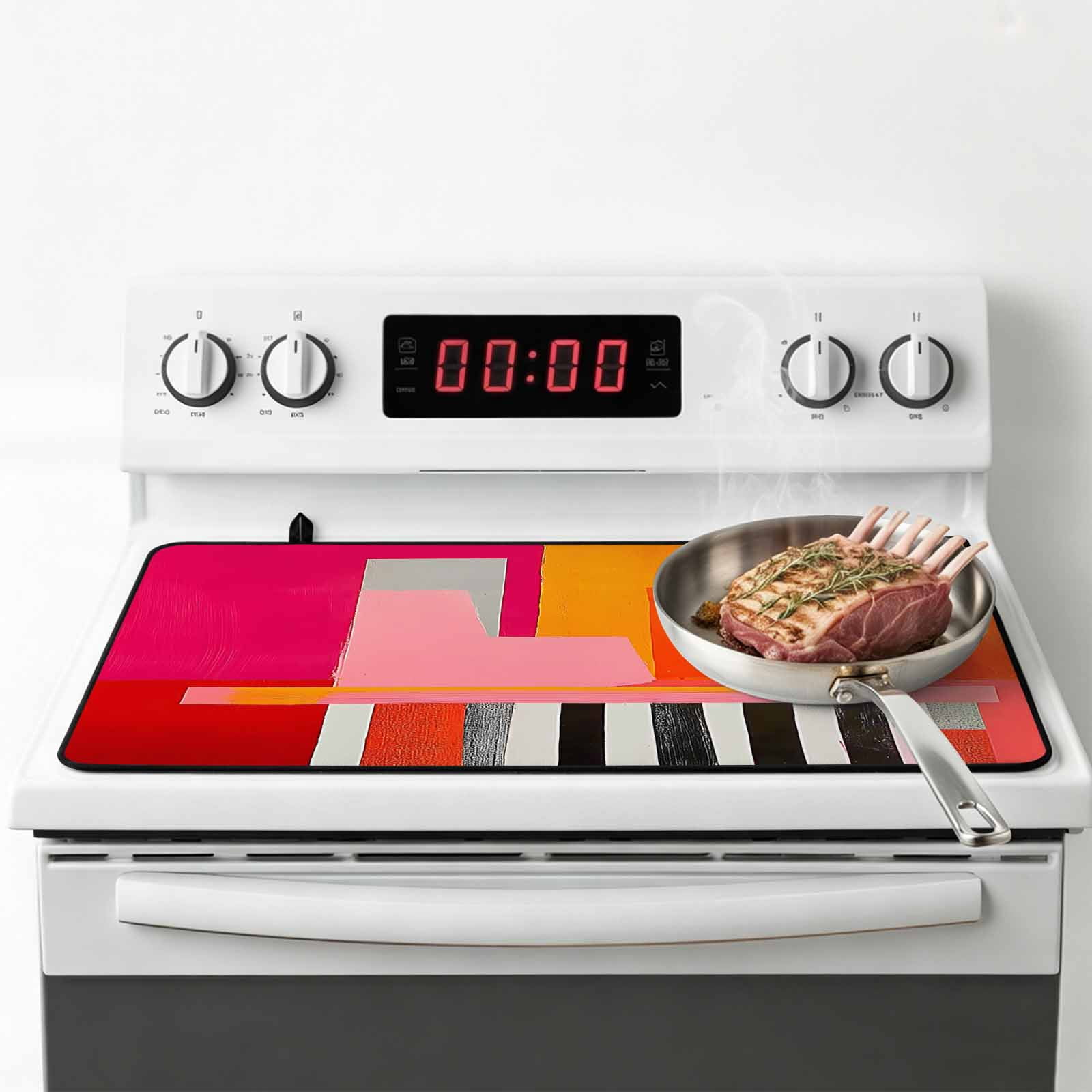 Pink Orange Stove Top Cover for Electric Stove, Heat-proof & Non Slip Glass Top Stove Cover Protector, Geometric Modern Abstract Oil Painting Kitchen Flat Cooktop Rubber Mat 24x21 Inches