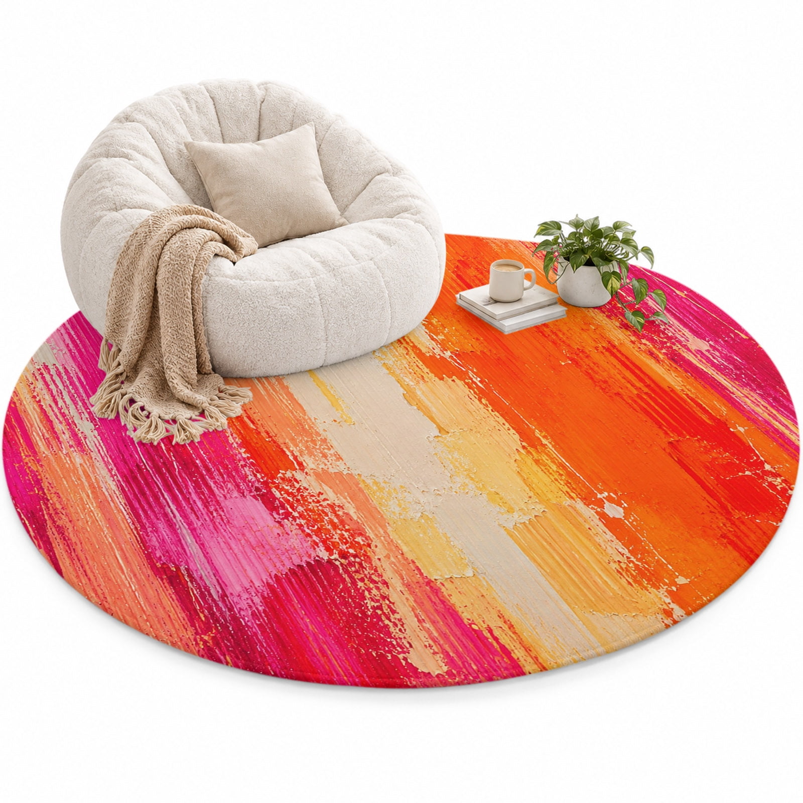 Pink Orange Striped Area Rug 5', Pink Orange Splattered Paint Specks ...