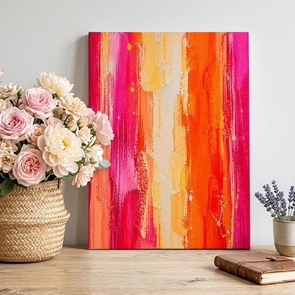 Pink Orange Striped Canvas Wall Art, Pink Orange Splattered Paint Specks Style Framed Canvas Wall Decor Picture Print Artwork Decorations for Living Room Office Ready to Hang 14" x 11"