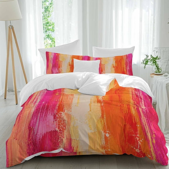 Pink Orange Striped Comforter Set Twin Size, Pink Orange Splattered Paint Specks Style Soft Bedding Set for Man Woman, 4 Pieces Duvet Cover Set with Fitted Sheet, 2 Pillowcases