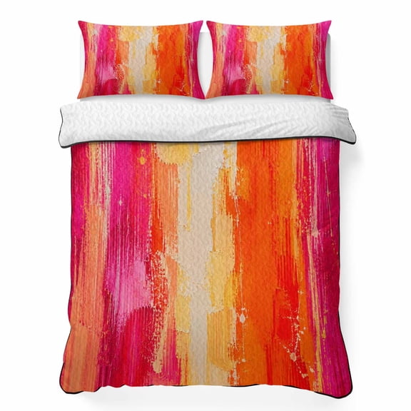 Pink Orange Striped King Quilt Bedding Set, Pink Orange Splattered Paint Specks Style Lightweight Comforter with 2 Pillow Shams Bedroom Bedspread Set Home Decor for All Seasons