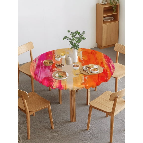 Pink Orange Striped Round Fitted Tablecloth with Elastic Edge, Pink Orange Splattered Paint Specks Style Waterproof Stretch Table Covers for 36"-44" Tables Wipeable Table Cloth for Outdoor