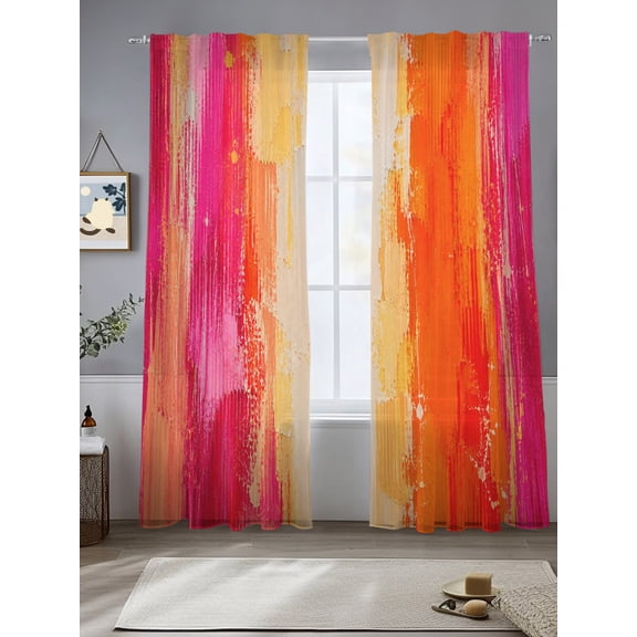 Pink Orange Striped Sheer Curtains 96 inches Long, Pink Orange Splattered Paint Specks Style Light Filtering Sheer Window Curtains Rod Pocket Voile Drapes for Bedroom Living Room, 2 Panels
