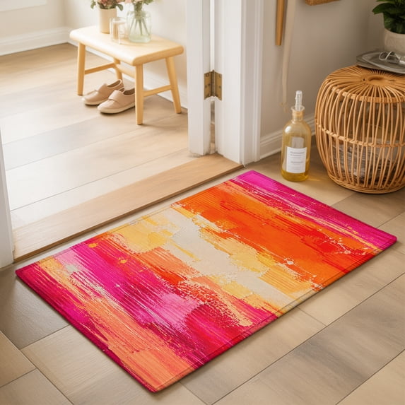 Pink Orange Striped Washable Small Entryway Area Rugs 2'x3', Pink Orange Splattered Paint Specks Style Washable Throw Rug Non-Slip Sturdy Edge Binding Carpet for Front Door Floor Room Entry