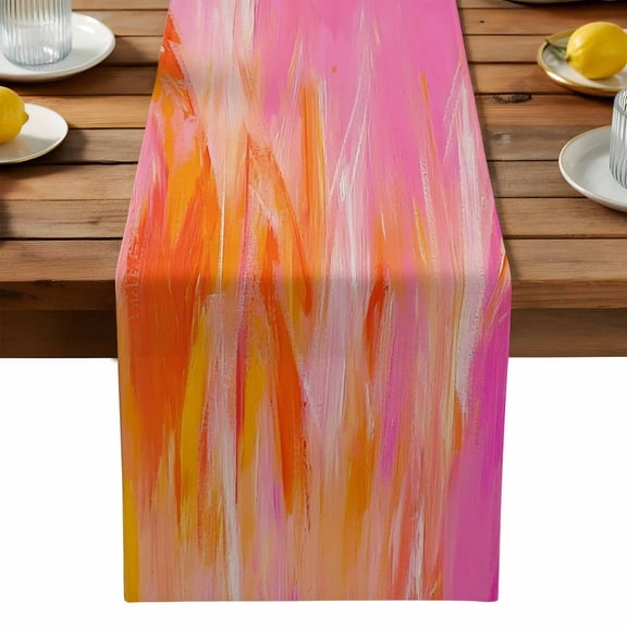 Pink Orange Table Runner, Abstract Modern Minimalist Smear Art Kitchen Table Runners Dress Scarves for Table Decorations Party/Restaurant/Indoor Outdoor Use, 13x36in