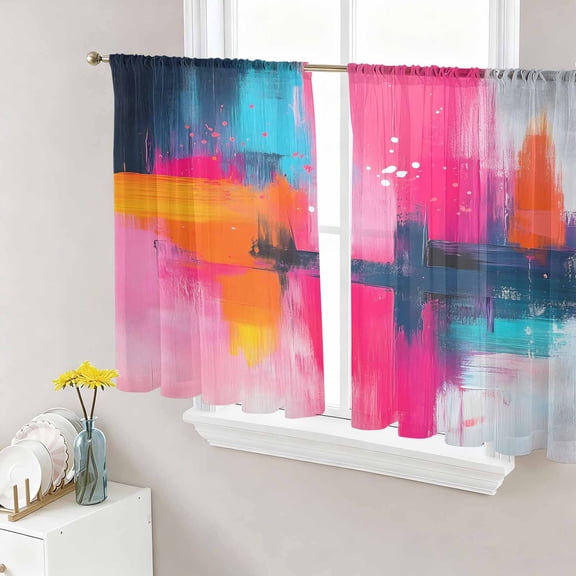 Pink Orange Teal Sheer Curtains 54 Inch Length 2 Panels Set, Modern Contemporary Oil Painting Voile Window Treatment Rod Pocket Short Kitchen Curtains Drapes for Bedroom 52"x54"x2