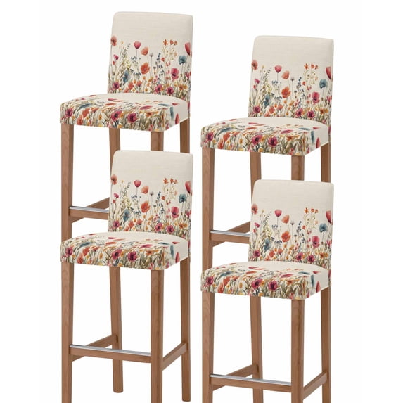 Pink Orange Teal Spring Floral Bar Stool Covers Set of 4, Watercolor Botanical Summer Flowers Stretch Bar Chair Covers with Backs, Removable Pub Counter Chair Cover for Kitchen Dining Room Cafe