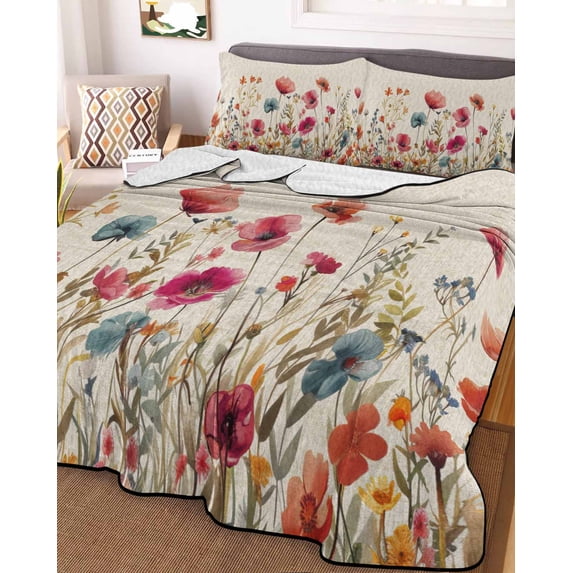 Pink Orange Teal Spring Floral Full Size Down Alternative Comforter,Lightweight Comforter Quilt Bedding Set with Pillow Shams Watercolor Botanical Summer Flowers Bed Comforter Duvet Insert 78"x90"