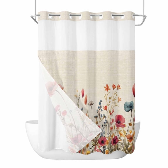 Pink Orange Teal Spring Floral No Hook Shower Curtain Waterproof,Bathroom Curtains with Snap in Liners and See Through Top Window,Watercolor Botanical Summer Flowers Bathtub Curtains Shower 60"Wx72"L