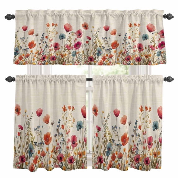 Pink Orange Teal Spring Floral Kitchen Curtains Sets for Windows 36 Inch Length, Watercolor Botanical Summer Flowers Rod Pocket Window Treatments Tier Curtains and Valances Set for Bedroom/Bathroom
