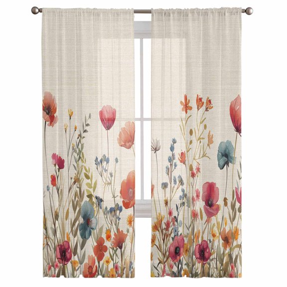 Pink Orange Teal Spring Floral Semi Sheer Curtains 108 Inch Length 2 Panels Set,Watercolor Botanical Summer Flowers Sheer Kitchen Curtain Privacy Window Curtain for Living Room Rod Pocket Drapes