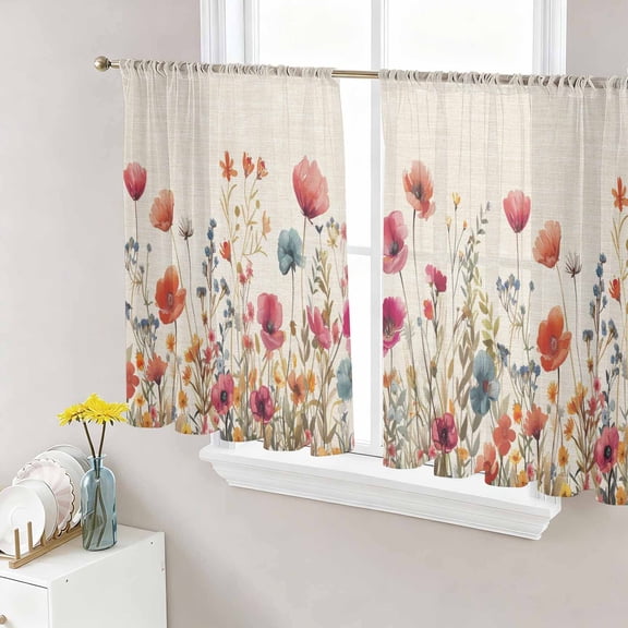 Pink Orange Teal Spring Floral Semi Sheer Curtains 54 Inches Long, Watercolor Botanical Summer Flowers Rod Pocket Voile Chiffon Curtain Light Filtering Drapes for Living Room, 52"x54", 2 Panels