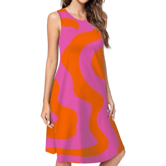 Pink Orange Wavy Abstract Pattern Casual Sleeveless Loose Sundress Dress For Women Summer Dress Daily Woman