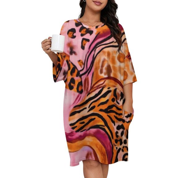 Pink Orange Wild Animal Print Sleepshirts For Sleeping Travels Loose Sleepdress Pajama Dress Soft Nightdress Sleepwear