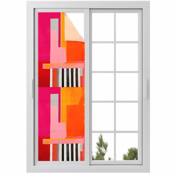 Pink Orange Window Privacy Film, Geometric Modern Abstract Oil Painting Static Cling UV Sun Blocking Heat Control Window Tint Day and Night, Non-Adhesive One Way Windows Privacy Cover 17.7''x78.7''