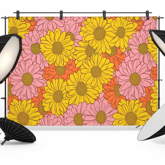 Pink Orange Yellow Daisy Backdrop for Photoshoot,Photography Photo Studio Background Wall Backdrop,Spring Floral Botanical Back Drop Banner Panel for Portraits Wedding Live Streaming Decor 7x5Ft