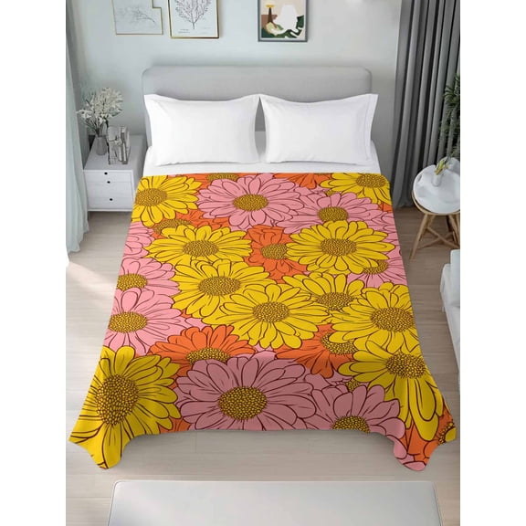 Pink Orange Yellow Daisy Queen Size Flat Sheet, Wrinkleproof & Fadeproof Cooling Flat Bed Sheet Only, Spring Floral Botanical Breathable Soft Bedding Top Sheets 90 x 102 Inches