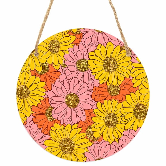 Pink Orange Yellow Daisy Round Front Door Welcome Sign, 5.9 Inch Wall Hanging Decor for Indoor Outdoor, Spring Floral Botanical Home Porch Hanger Decorations for Holiday Gift