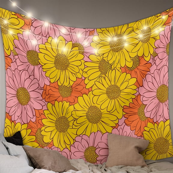 Pink Orange Yellow Daisy Tapestry for Bedroom Wall Hanging Tapestry, Spring Floral Botanical Ceiling Backdrop Tapestries Poster Blanket Wall Decor for Teens Room Living Room Dorm 55" x 73"