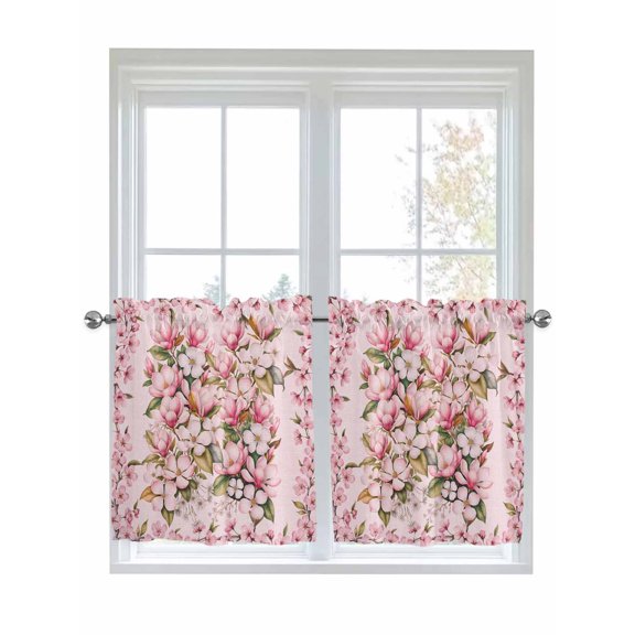 Pink Orchid 2 Panel Kitchen Curtains for Small Windows, Spring Floral Flowers Leaves Botanical Bathroom Tier Curtain, Short Window Treatment for Bedroom/Living Room 55"x24"