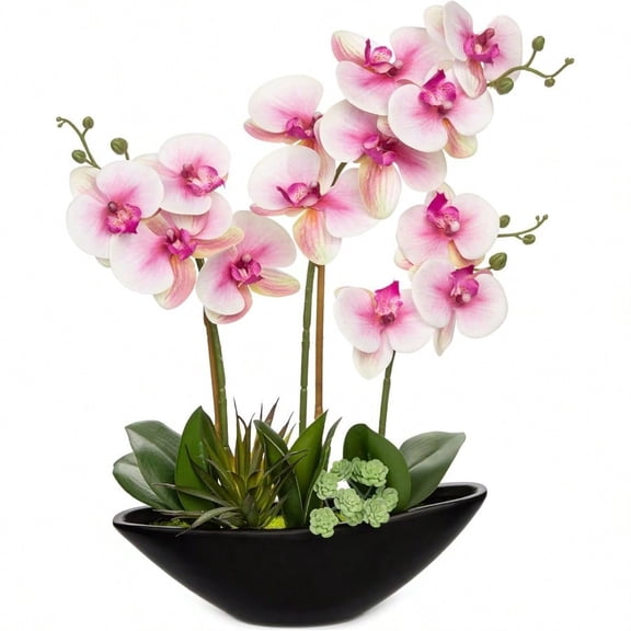 Pink Orchid Fake Flowers 17in Artificial Orchid Silk Flowers in Black Pot Faux Orchid Arrangement for Home Office Bathroom Table Centerpiece Modern Decor