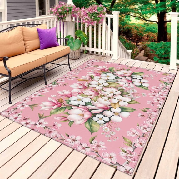 Pink Orchid Flowers Outdoor Rug 6x9 Ft, Non Slip Washable Area Rug, Vintage Floral Leaves Plants Spring Patio Rugs Carpet Runner, Large Floor Mat for Indoor/Outdoor Deck Porch Camping