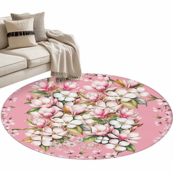 Pink Orchid Flowers Round Area Rugs Collection 3.3', Vintage Floral Leaves Plants Spring Non Slip Indoor Circular Throw Runner Rug Floor Mat Carpet for Living Room Dining Table Bedroom Nursery