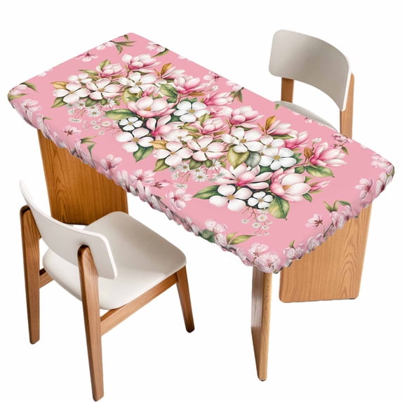 Pink Orchid Flowers Table Cloths for 3 Foot Rectangle Tables, Vintage Floral Leaves Plants Spring Patio Waterproof Elastic Fitted Tablecloths, Washable Rectangular Table Cover for Camping