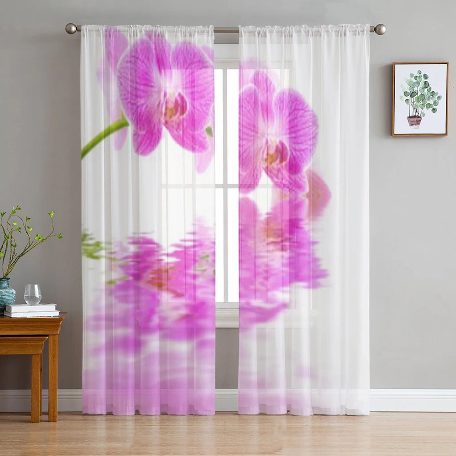 Pink Orchid Flowers Tulle Curtains for Living Room Bedroom Window Sheer ...