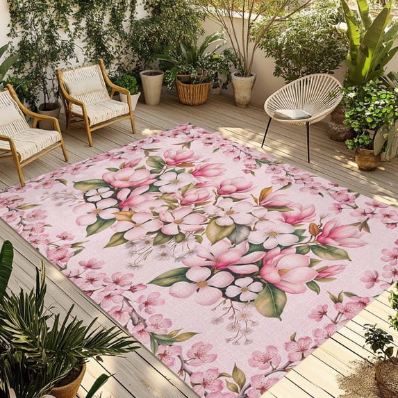 Pink Orchid Outdoor Rug for Patio/Deck/Porch, Non-Slip Large Area Rug 4 x 6 Ft, Spring Floral Flowers Leaves Botanical Indoor Outdoor Rugs Washable Area Rugs, Reversible Camping Rug Carpet Runner