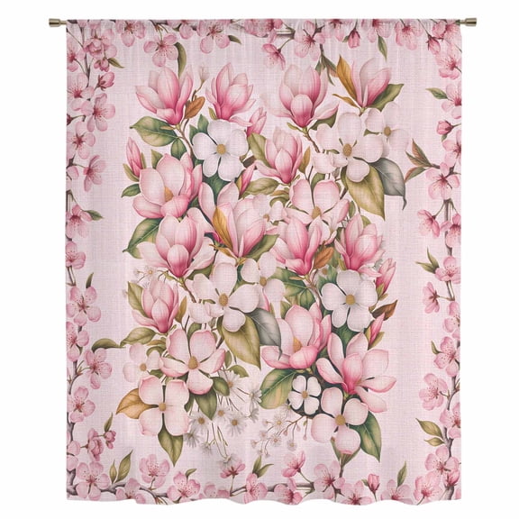 Pink Orchid Sheer Curtains 45 Inches Long, Spring Floral Flowers Leaves Botanical Light Filering Curtains, Breathable Simi Curtain Privacy Drapes for Kitchen Bathroom Small Window Treatment