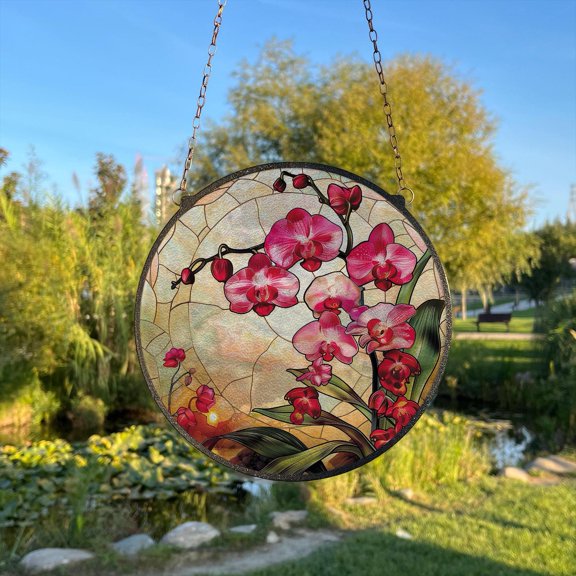 Pink Orchid Stained Glass Style Wall and Window Decoration, Sun Catcher Wall Art, Indoor Decor, Special Gifts for Women, Window Hanging