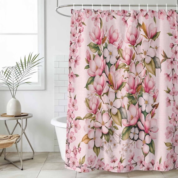 Pink Orchid Standard Shower Curtain Set, Waterproof Shower Curtains for Bathroom, Spring Floral Flowers Leaves Botanical Washable Fabric Bath Curtain for Bathtub Decoration with Hooks 72x72 Inches