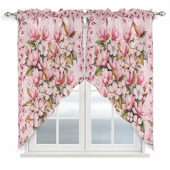 Pink Orchid Swag Valances for Windows 2 Pack, Kitchen Window Curtains 36 Inch Length, Spring Floral Flowers Leaves Botanical Privacy Swag Curtains for Living Room/Bathroom with Rod Pocket 36"x36"