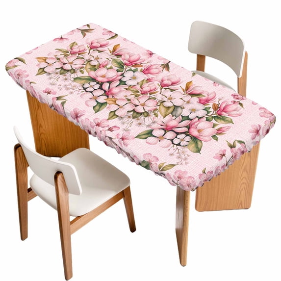 Pink Orchid Table Cloths for 5 Foot Rectangle Tables, Spring Floral Flowers Leaves Botanical Patio Waterproof Elastic Fitted Tablecloths, Washable Rectangular Table Cover for Camping