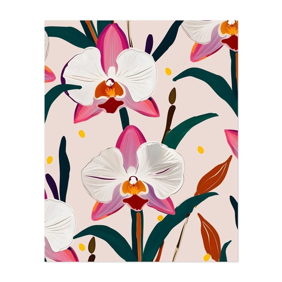 Pink Orchids - India Illustration Floral Pattern Botanical Modern Art Flowers Tropical Summer Unframed Wall Art Print 6 x 8 inches