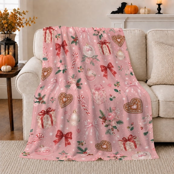Pink Ornaments with Red Bows, Cheerful Holiday Style for Christmas Lovers, Floral Heart Bauble Pattern and Christmas Gift, Cozy Flannel Blanket for Living Room and Guest Room, Festive Home Decor