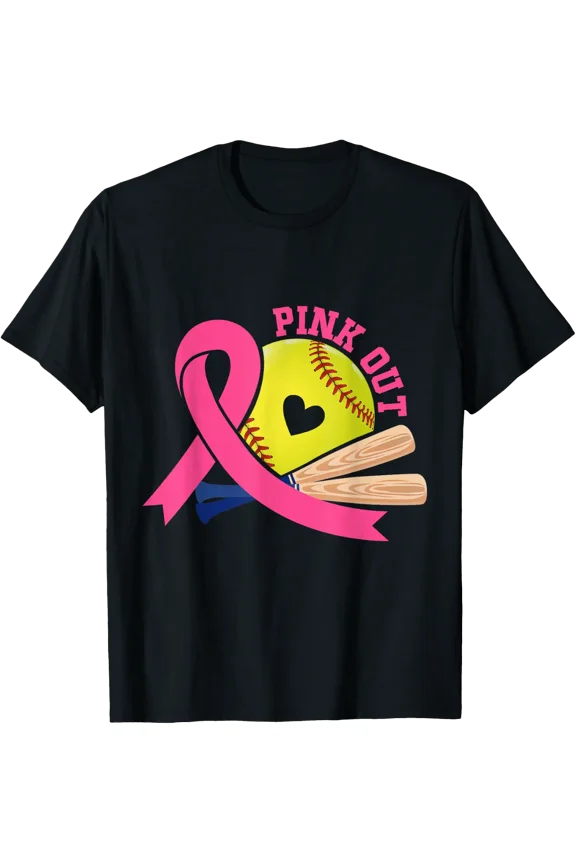 Pink Out Breast Cancer Awareness Ribbon Softball T-Shirt