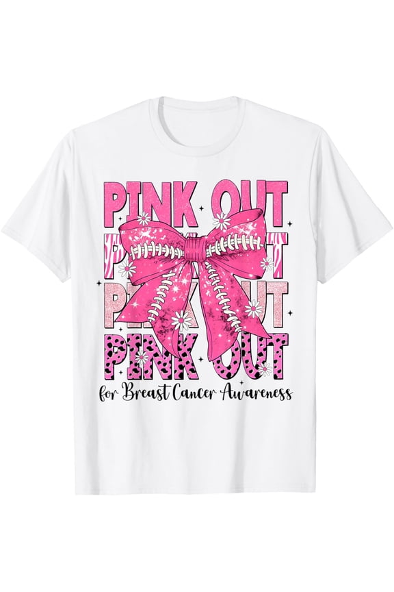 Pink Out Football Team Breast Cancer Awareness Coquette Bow Ribbon Tee