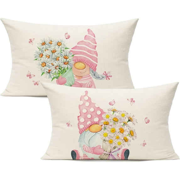 Pink Outdoor 12x20 Lumbar Throw Pillow Covers Set of 2 Spring Summer Decorative Cushion Cases Home Décor Decorations for Patio Couch Chair Sofa,Daisy Floral Gnomes