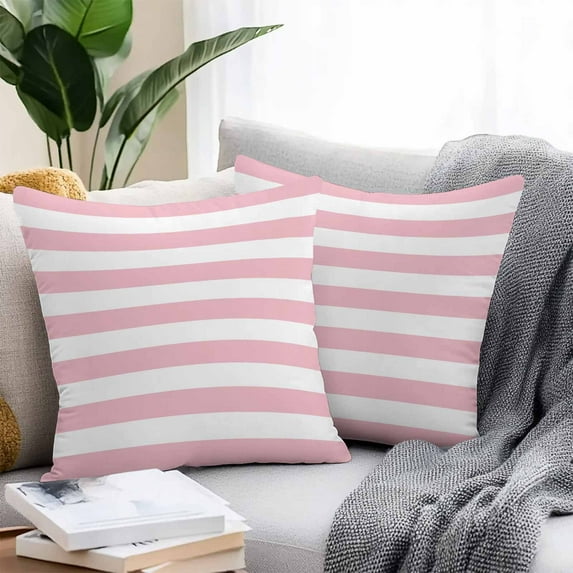 Pink and Outdoor Pillow Covers Set of 2 White Stripes Waterproof Throw Pillow Case Decorative Square Cushion Cover for Patio Couch Garden Balcony, 24"x24"